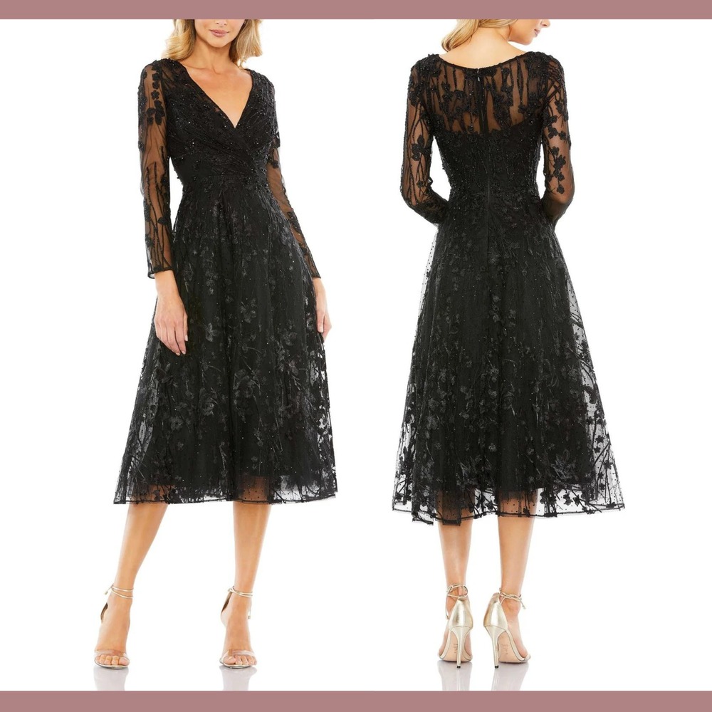 NWT $598 Mac Duggal [ 20 ] 204041 Embellished Floral Long Sleeve Dress J2468